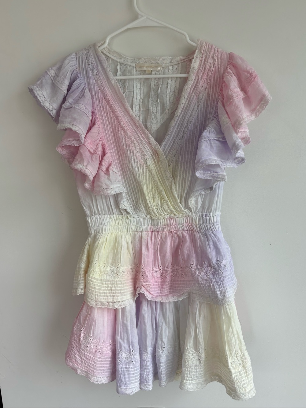 LoveShackFancy Pastel Rainbow Ruffle Mini Dress - Pink, Lavender, Yellow, Cream